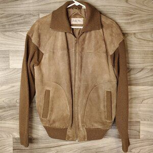 Vtg 80s Mister Man Tan SUEDE Leather MOD Jacket ROCKABILLY Knit Sweater Coat LG